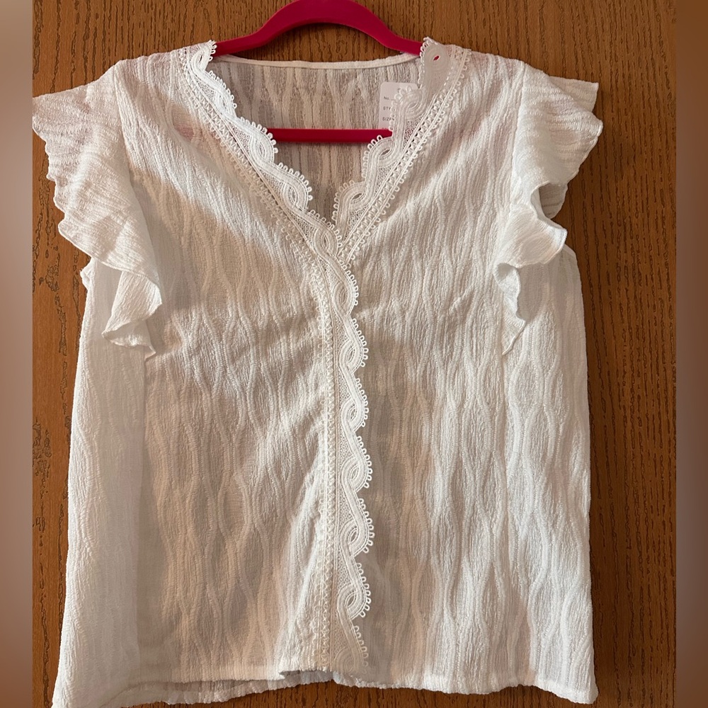 White Lace Trim Blouse- Small- NWOT